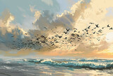 Fototapeta  - Coastal birds flying across the sky symbolizing migration.