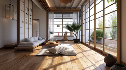 Sticker - living room japan style interior design. Modern living room corner with table. Ai Generative,