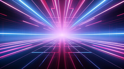 Wall Mural - pink blue neon lines geometric shape virtual space ultraviolet light 3d render