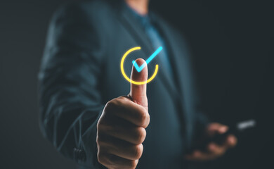Poster - Quality management with Quality Assurance or QA and Quality Control or QC and improvement. Standardization and certification concept. Compliance to regulations and standards. Concept with manager.
