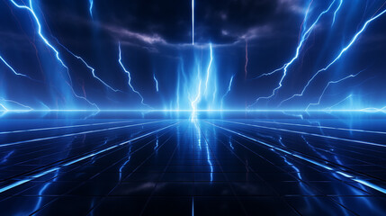 Wall Mural - abstract dark futuristic blue night background rays and lines, lightning, lights. Blue neon light