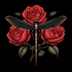 Wall Mural - illustration of a dragonfly with a red rose on a black background. generative ai