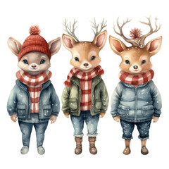 Set of christmas watercolor cute deer in clothes in scandinavian style