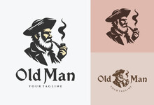 Old Man Wearing Hat Smoking With Pipe Logo Design Vector Illustration