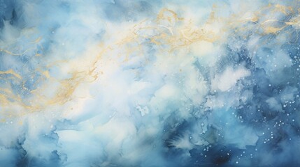 Wall Mural - blue watercolor with a sprinkle of gold, copy space, 16:9