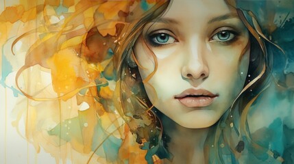 gold, jewel tones, soft layers, background, watercolor, woman, face, 16:9