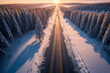 a rustic road in the middle of a snowy forest. pine tree forest with snowfalls clear road on the free way of sunrise.