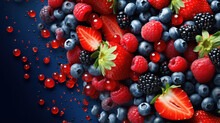 A Vibrant Selection Of Fresh Strawberries, Blueberries, Raspberries, And Blackberries With Dynamic Juice Splashes.