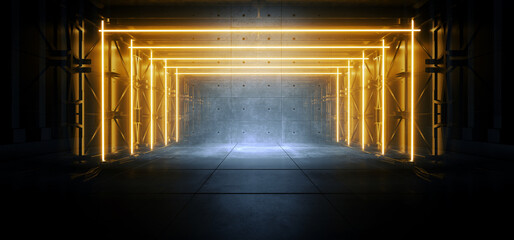 Canvas Print - Sci Fi Futuristic Hyper Tunnel Corridor Car Showroom Technology Neon Laser Vibrant Yellow Lights Cement Floor Spotlights 3D Rendering