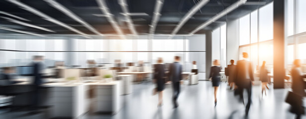 Bright business workplace with people in walking in blurred motion in modern office space.