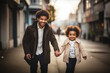 © Valeriia - Happy African American father or brother walks with baby toddler on the street. Family time spending tother. Parent and child relationship concept