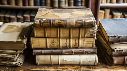 Wall Mural - Old books on a wooden table in a library. Selective focus.
