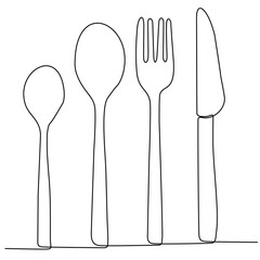 Continuous One Line Drawing. Spoons, Forks, Knives, Tableware. Cooking Equipment Line Art Style for Logo, Business Card, Banner. Black and White Minimalist Vector Illustration