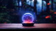 A mystical energy orb glowing amidst a surreal, smoky atmosphere in an enchanted dark forest setting.