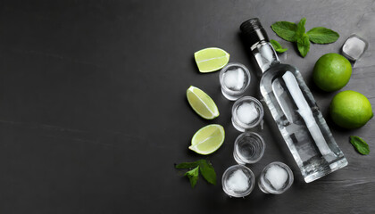 Bottle of vodka, shot glasses, lime, mint and ice on black background with copy space