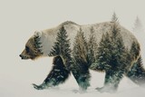 Fototapeta  - Double exposure of bear and winter forest.