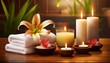 Spa composition with burning candles, lily flower and towels on wooden table in wellness center