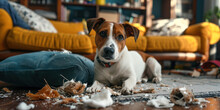 Dog Behavior Training Concept. Naughty Dog Looking Into Camera Innocently Lying On Floor Made A Mess Being With Owners At Home Alone In The Living Room	