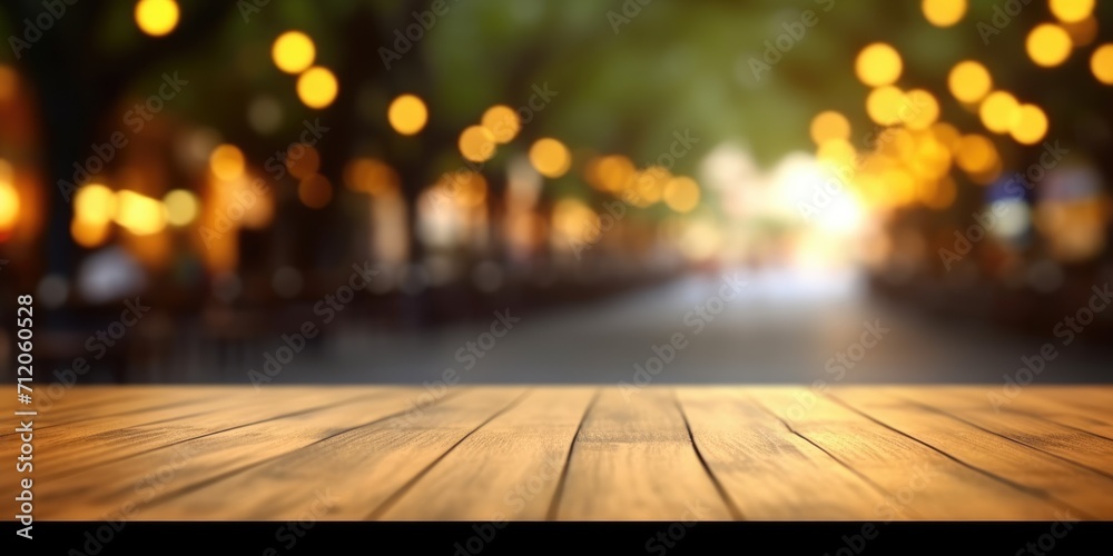 The empty wooden table top with blur background of outdoor cafe at the ...