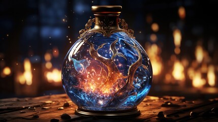 Burning magic potion in crystal bottle. Halloween witchcraft and alchemy concept