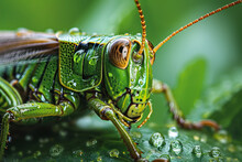 Close Up Of Grasshopper On Green Leaf Background.
