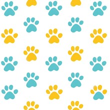 Blue And Yellow Cat Paw Print Pattern.