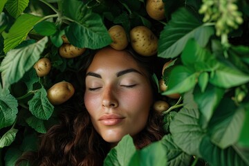 Wall Mural - Woman with growing potatoes in her ears.