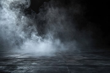 Wall Mural - Abstract white smoke and fog on dark concrete background modern artistic concept with light and shadow creating mysterious smoky in empty room for futuristic studio designs and creative backdrops