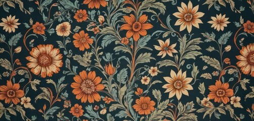   a close up of a floral wallpaper with orange and yellow flowers on a black background with green leaves and flowers on the bottom of the wall and bottom half of the wall.