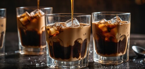  a group of glasses filled with liquid and ice cubes on a table with spoons and spoons on the side of the glasses are filled with ice cubes and ice cubes.