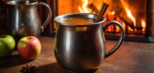  A Cup Of Apple Cider Next To Two Apples And A Cinnamon Stick In Front Of An Open Fire Place With A Fire In The Fireplace In The Back Ground.