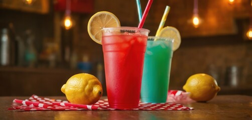  a close up of two drinks on a table with lemons and a red and white checkered napkin with two lemons on the side of the two glasses.