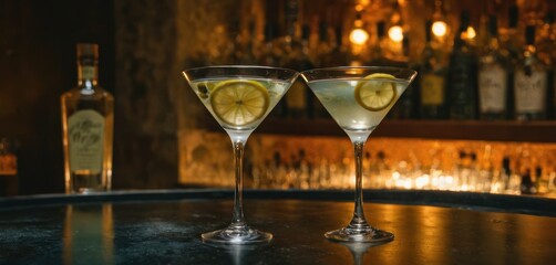 Sticker -  a close up of two martini glasses on a table with a bottle of alcohol and a glass with a lemon slice in the middle of the glasses and a lemon slice on the side.