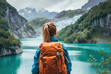 Female hiker in blue orange clothes with backpack looking out over a scenic turquoise lake view