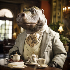 Canvas Print - Hippopotamus as a tea sommelier hosting tea party