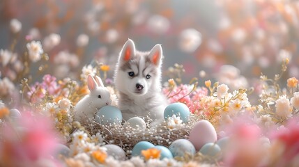 Happy Easter Holiday concept. Cute Siberian Husky puppy dog wearing easter bunny costume in easter basket with rabbit, flower garden egg background. Spring festive season greeting card wallpaper.