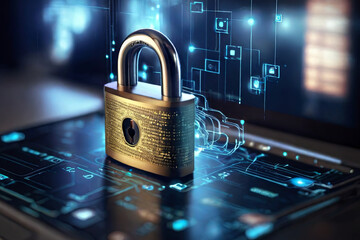 Wall Mural - Enhance cybersecurity with a digital padlock icon on a virtual interface screen. Safeguard your online presence and protect business data privacy against cyber threats.