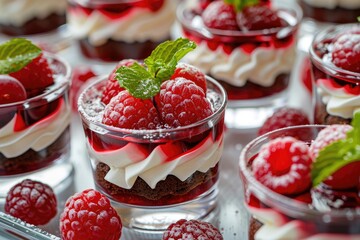 Tray ful of delicious jelly desserts raspberry and chocolate flavors whipped cream berries.