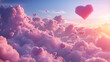 Pink, heart-shaped clouds blooming in the sky, bathed in sunshine, beautifully depicting love and romance