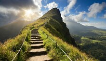 Stairway To The Sky, Path To Success Concept, With Glowing Light Path Going Up The Mountain ,