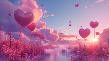 A Breathtaking, Surreal Fairytale Lakeside Scenery With Blooming Pink Hearts, Capturing The Essence Of Love And Romance With Sunshine