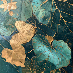 Wall Mural - green and gold leaves, geometric art painting