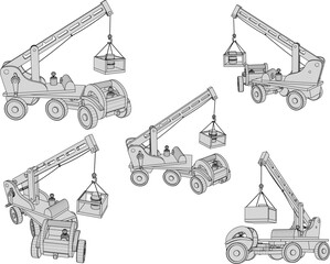Wall Mural - Vector sketch illustration of wooden children's toy heavy equipment excavator car design