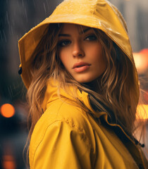 Young woman in yellow raincoat and hat walking in the rain at the city 
