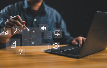 Aufkleber - Businessman or Analyst working with Business Analytics and Data Management System on virtual screen, make a report with KPI and metrics. Corporate strategy for finance, sales, operations, marketing.