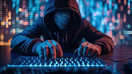 hacker front of his computer committing digital cybercrime