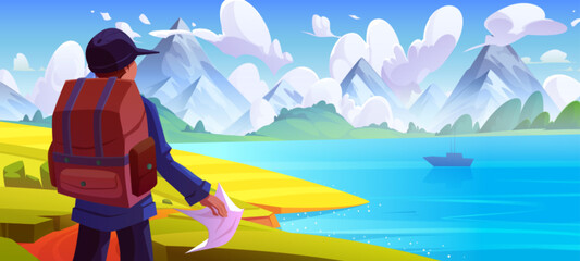 Male tourist with map looking at mountain lake. Vector cartoon illustration of young man with backpack standing near river, admiring beautiful scenery with rocky peaks, green hills, boat on water