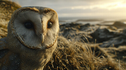 Poster - great horned owl on the beach