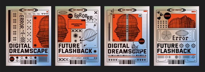 Fototapete - Poster design template in y2k vintage style with grid abstract human face profile, decorative shapes and text box. Vector trendy retro minimal banner composition in 2000s aesthetic with typography.