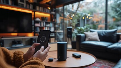 girl using a smartphone and controls smart speaker, smart device concept